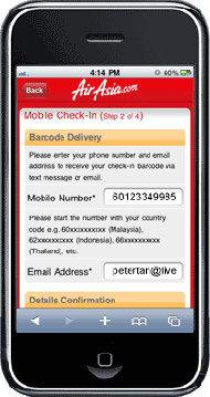 Mobile Check-In Step 4: Enter your phone number and email address to receive your check-in barcode