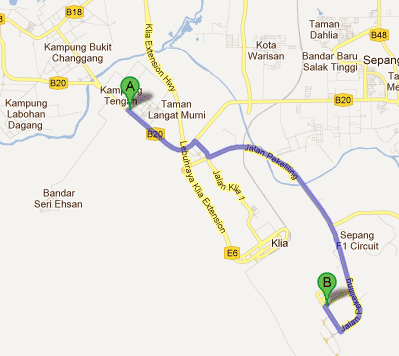 Map from Bukit Changgang to LCCT
