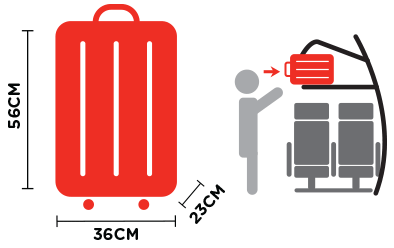 One cabin bag on board that must not exceed 56cm x 36cm x 23cm